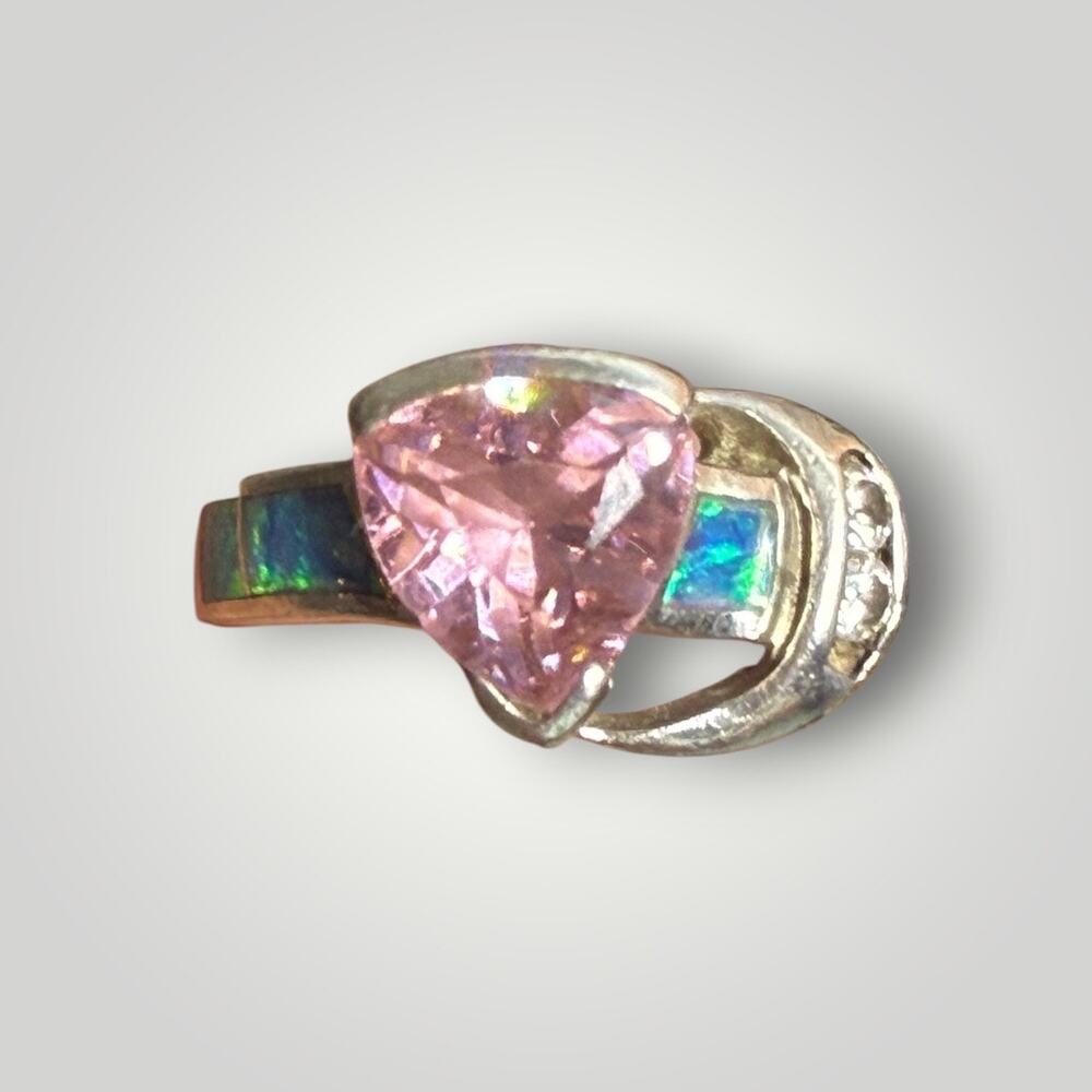 Vintage AK 925 Sterling Silver Pink Trillion Gemstone Opal Inlay Ring Size 4.5